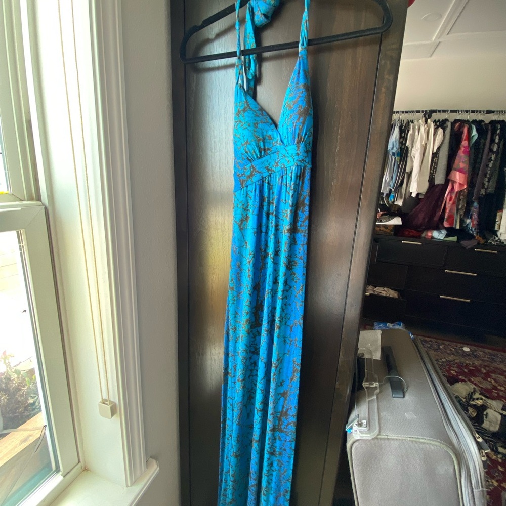 Blue and Brown Halter Maxi Dress